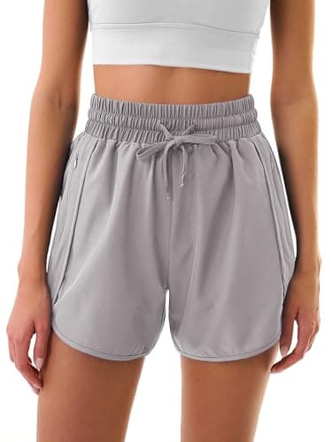 3rd hill Women's 5" Athletic Running Shorts Quick Dry Lightweight Workout Gym Shorts with Zipper Pockets UPF 50+ Light Grey S - Thumbnail 2