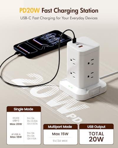 Tagzilo Power Strip Tower with Surge Protector 1800J, Fast Charging Tower PD20W USB-C Ports with 8 AC Outlets, Extension Cord for Home Office Dorm Room, White, 6FT - Thumbnail 4