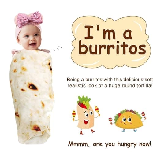 Burrito Tortilla Blanket Baby Stuff Shower White Elephant Gifts for Kids Throw Blankets Wrap Swaddle Toddler Boy Girl Party Novelty Gag Pets Soft Fleece 40in - Thumbnail 2
