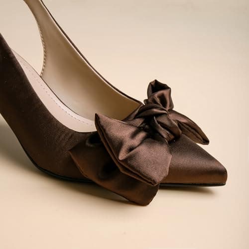 RUSAUISE Brown Heels Slingback Kitten Heels with Bow Satin Dressy Pointed Toe Pumps Work Shoes for Office Business Ballroom Evening Chocolate Size 10 - Thumbnail 2