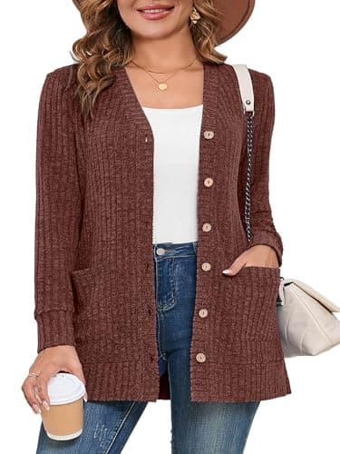 AusLook Plus Size Women Long Sleeve Cardigan Dark Coffe 3X Open Front Button Down Lightweight Casual Sweater Cover Ups Shrugs Shawls and Wraps Kimono Jacket Coat with Pockets - Image 1