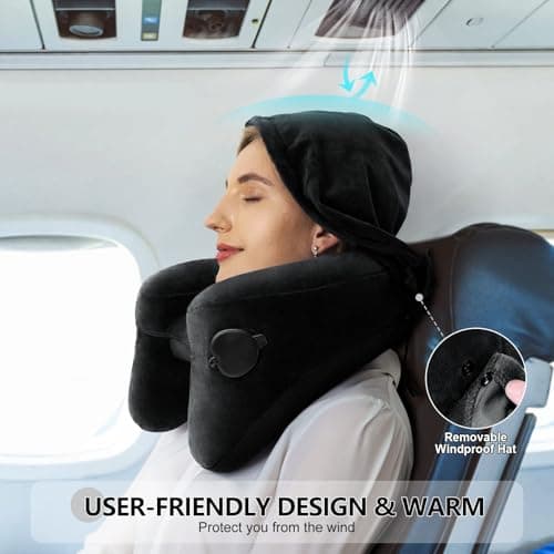 Neck Pillow for Travel Inflatable Airplane Pillow Comfortably Supports Head,Neck and Chin,Inflatable Travel Pillow with Soft Velour Cover,Hat,Portable Drawstring Bag (Black) - Thumbnail 4