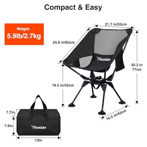 Trakiom 360° Swivel Folding Camping Chairs, Compact and Portable Chair for Outdoor Camp, Foldable Chairs with Anti-Sinking Large Feet for Travel, Beach, Picnic, Sports, Fishing Support 300 LBS(Black) - Thumbnail 2
