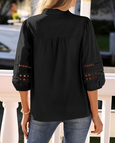 BTFBM Summer Tops for Women 2026 Eyelet Top 3/4 Length Sleeve Dressy Casual Blouses Spring Boho Button Down Shirts(Black, XX-Large) - Thumbnail 3