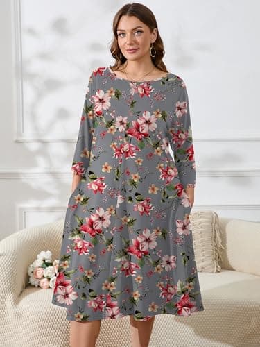 AusLook Women's Plus Midi Dresses Crew Neck A Line 3/4 Sleeves Casual Elegant Loose Flowy Wedding Guest Maternity Vacation Beach Slate Gray Watercolor Bouquet 5X Dress with Pockets - Thumbnail 2