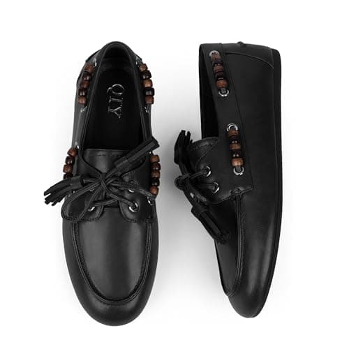 QIY Black Penny Loafers for Women Slip on Fringe Beaded Moccasins Flats Dressy Lace up Driving Loafers Comfortable Lightweight Office Casual Wear Flats Size 7.5 - Thumbnail 4