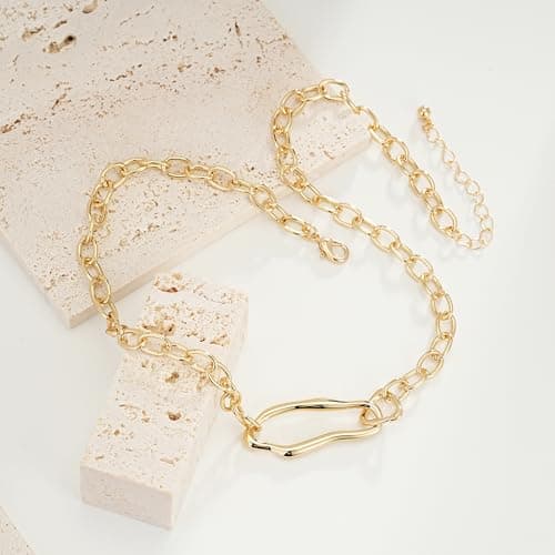 Sylph 18K Gold Plated Chunky Oval Pendant Necklaces, Simple Gold Link Flat Cable Chain Necklaces Paperclip Choker Statement Jewelry Gifts for Women - Thumbnail 2