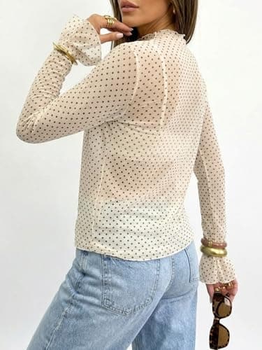 Tankaneo Womens Mesh Polka Dot Tops Bell Sleeve High Neck Summer Casual Blouse Trendy Loose Fit Y2K Going Out Tee Shirts Off-White - Thumbnail 3
