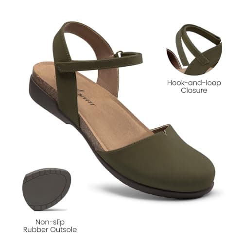 Athlefit Womens Closed Toe Sandals Comfort Casual Cork Footbed and Arch Support Flat Sandals Ivy Size 9 - Thumbnail 5