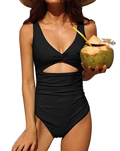 Charmo Womens Plus Size One Piece Swimsuit Ruched Tummy Control High Cut Backless V Neck Bathing Suits Swimwear Black X-Large - Image 1