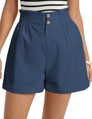 GRACE KARIN Linen Shorts for Women Elastic Waist Buttons Shorts Clothes Beach Resort Travel Wide Leg Shorts Navy Blue 2XL - Image 1