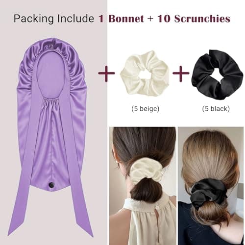 Women's Silky Bonnet - Long Tie Sleep Cap, Curly/Natural Hair, Adj. Night Hat, +10 Scrunchies, Mom/Wife - Thumbnail 5