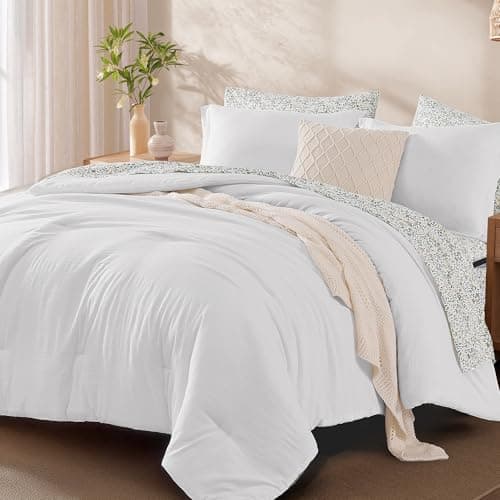 Monbix Queen Comforter Set - 7 Pieces White Prewashed Bed in a Bag Queen Bedding Sets with Comforters, All Seasons Ultra Soft Comforter Bed Set with Sheets, Pillowcases & Shams - Thumbnail 2