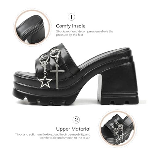 Yremael Women Black Gothic Sandals Chunky Buckle Heel Square Toe Slip On Block High Heel Dressy Shoes - Thumbnail 4