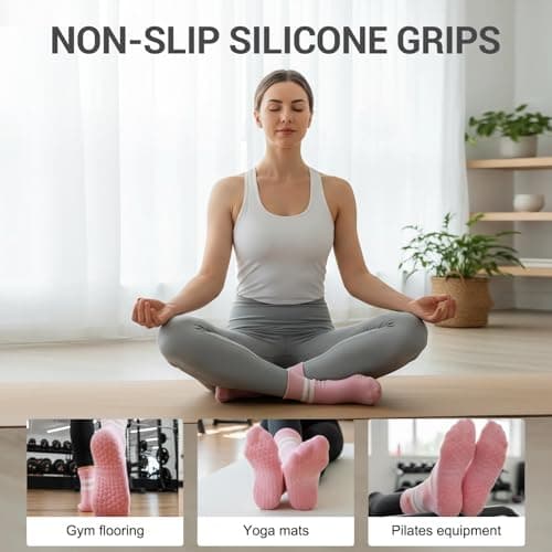 4 Pack Pilates Crew Grip Socks for Women Non Slip Sticky Grippers Yoga Barre Slipper for Hospital Maternity Elderly Home Floor Reformer Ballet Dance Studio Athletic Thick Cotton - Thumbnail 2