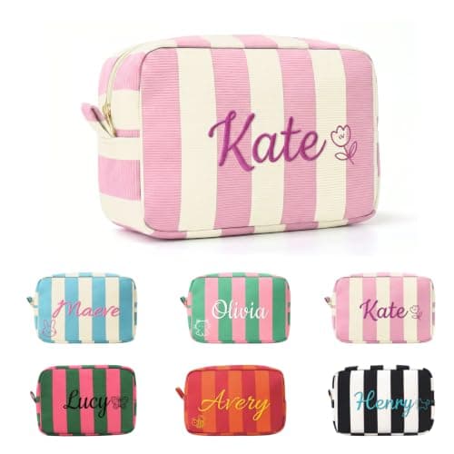 VKPOYNRO Custom Name Makeup Bag, Striped Padded Cosmetic Organizer, Dual-use Travel Toiletry Bag, Large Capacity Zipper Storage Pouch, Elegant Gift for Women - Image 1