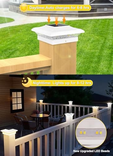T-SUN 4x4 Post Cap Lights 6 Pack for Vinyl/Wooden Fence,Outdoor Waterproof Warm & Cool White, Deck Solar Post Lights for Patio Garden Yard Lighting - Thumbnail 5