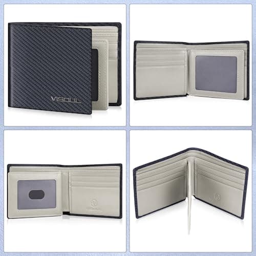 VISOUL Mens Carbon Fiber Leather Bifold Wallet with 2 ID Windows, RFID Blocking Wallet with 2 Money Compartments, Stylish Two-tone Back Pocket Wallet for Men (Black+Light Gray) - Thumbnail 2