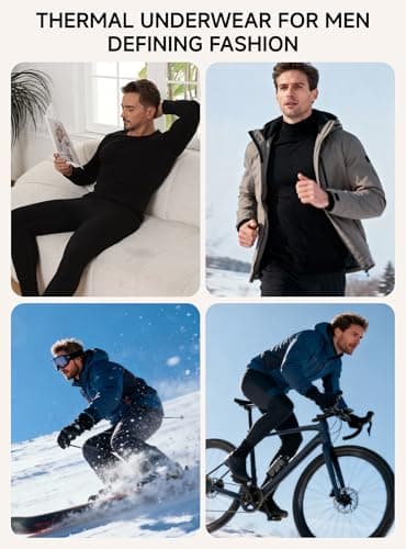 Thermal Underwear for Men Wool Long Johns Fleece Lined, Lightweight Warm Gear Set for Autumn Winter Cold Weather Top Bottom, Base Layer Thermal Long Sleeve Shirt Underpants for Running - Black M - Thumbnail 5