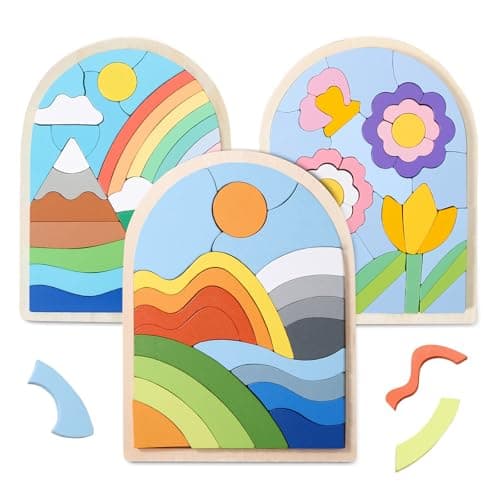 Safmord Montessori Wooden Shape Puzzles - Color Matching & Cognition Fun for Kids Over 3 Years Old, with Rainbow Blocks & Themes, Fine Motor Skill Building Toys & Gifts (3 Pack Colorful) - Image 1
