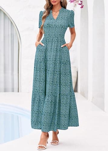 KIRUNDO Womens Floral Boho Flowy Maxi Dress, Dark Green Flower, Small - Thumbnail 5
