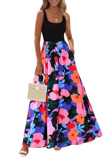 KIRUNDO Women Summer Sleeveless Boho Floral Maxi Dress 2026 Scoop Neck Tank A Line Flowy Beach Vacation Resort Wear Sundress(Floral Black Multicolored, Medium) - Image 1
