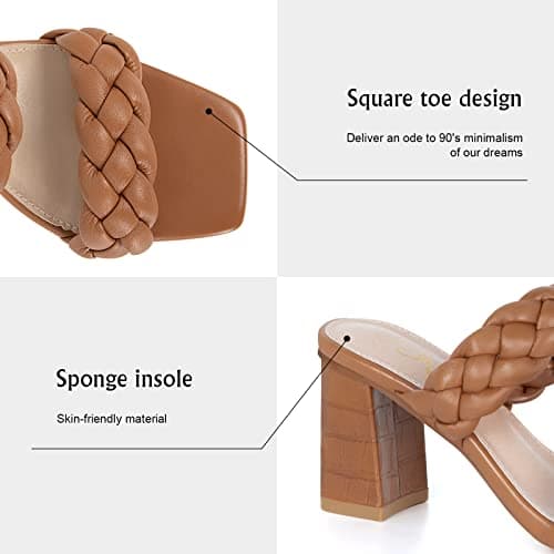 Athlefit Braided Heeled Sandals for Women Fashion Square Open Toe Comfortable Slip on Block Tan Heels Size 8.5 - Thumbnail 5