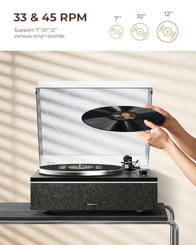 Qlearsoul ONE-S Vinyl Record Player with Bluetooth Input/Output, All-in-One Vintage Turntable Built in Speakers, Phono Preamp & DSP, AT-3600L Cartridge, 33/45 RPM (Black) - Thumbnail 2