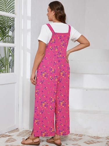 AusLook Plus Size Women's Adjustable Straps Jumpsuits Pink Osmanthus 2X Casual Loose Wide Leg Overalls with Pockets - Thumbnail 2