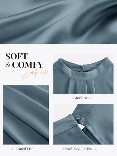 Funlingo Womens Tank Tops Silk Satin Sleeveless Camisole Dressy Casual Blouses Mock Neck Pleated Shirts Spring Office Work Wear Grey Blue S - Thumbnail 5