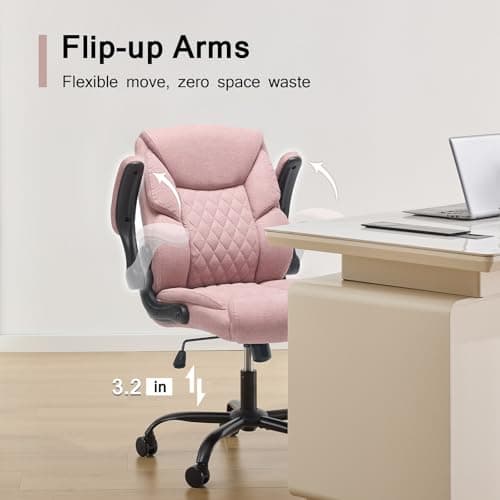 TOPOFIS Fabric Padded Home Office Chair Cloth Office Chair Comfortable Desk Chairs with Wheels Flip-up Arm Rest, Mid Back Small Computer Chair, Adjustable Height, Swivel, 250lb Capacity, Pink - Thumbnail 3