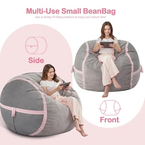 HABUTWAY 3ft Bean Bag Chair Giant Bean Bag Chairs with Memory Foam Filled, Large Beanbag Chair with Removable Dutch Velvet Cover for Living Room, Bedroom, Dorm, Light Grey & Pink - Thumbnail 5