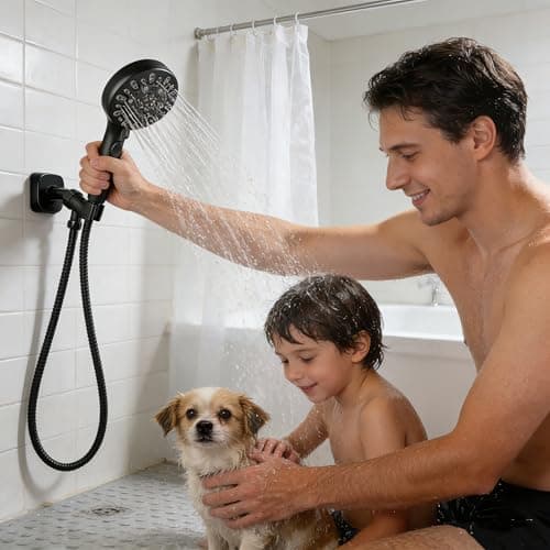 Iopsk 7 Spray Shower Head with Handheld, handheld shower head,detachable shower head with 60" Extra Long Hose & Adjustable Bracket,Showerhead with ON/OFF Switch for Pets Bath. (Matte Black) - Thumbnail 2