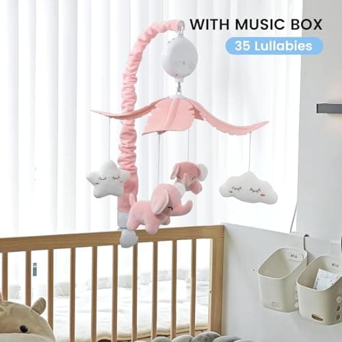 FEISIKE Crib Mobile for Girls Baby Mobiles with 3 Modes Digital Music Box（Turn Only, Music Only, Turn & Music, 35 Lullabies, Pink Elephant Nursery Mobile, Clamp Type, Pretty Box Packaging - Thumbnail 2