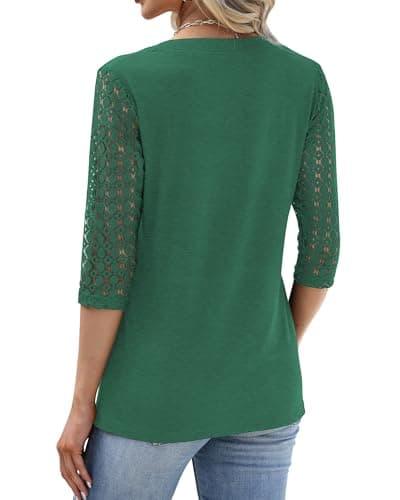 Bakoliza Summer Outfits for Women 3/4 Lengtj Lace Sleeve Tops Soft Trendy Casual Blouses Green - Thumbnail 3