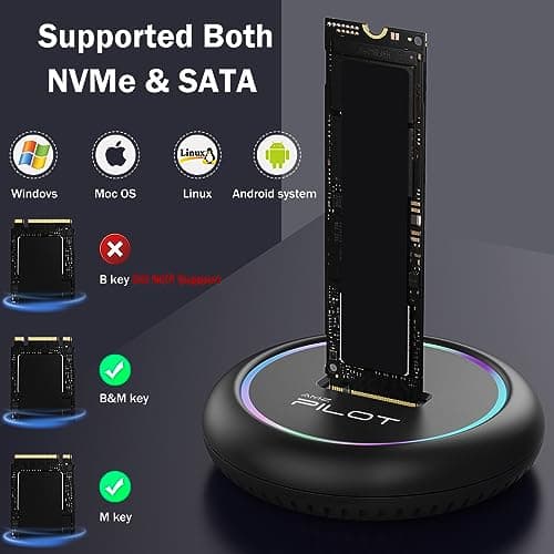 AMZPILOT M.2 NVMe & SATA to USB C Docking Station, M.2 SSD to USB A C Reader Adapter for Both M Key & B+M Key NVMe PCIE and SATA NGFF SSD Dock, Size for 22110 2280 2260 2242 2230 RGB Light Enclosure - Thumbnail 2