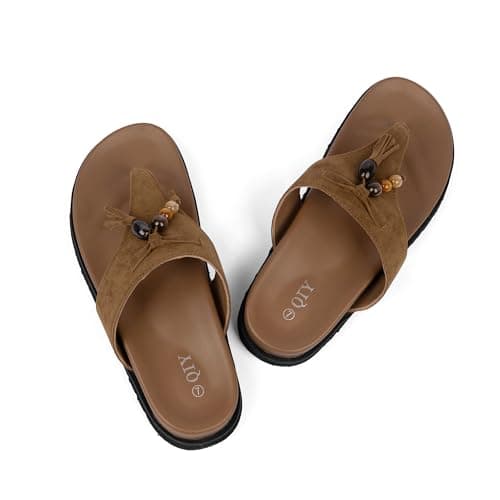 QIY Suede Brown Sandals Flip Flops Thong Slide Tassel Platform Sandals for Women 2026 Fringe Slip on Shoes With Bohemian Bead Open Toe Lightweight Walking Flats Shoes Sandalias Para Mujer Size 8.5 - Thumbnail 6