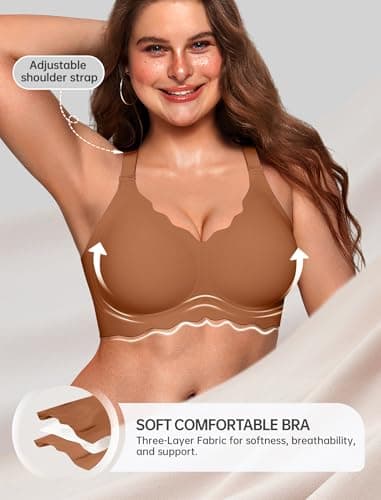 OEAK Women Bras No Underwire Scalloped Push Up Buttery Soft Tshirt Bra Seamless Full Coverage Convertible Everyday Bra Coffee M - Thumbnail 4