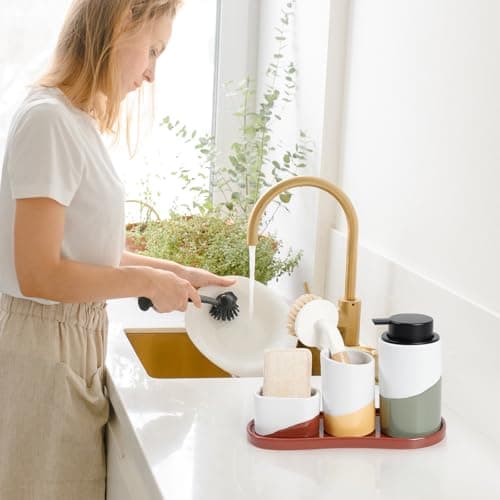 BosilunLife Kitchen Sink Caddy Set – 4-Piece Ceramic Soap Dispenser 12oz with Sponge & Utensil Holders on Drip Tray for Kitchen & Bathroom Countertop Organization (Liquid Pump) - Thumbnail 4