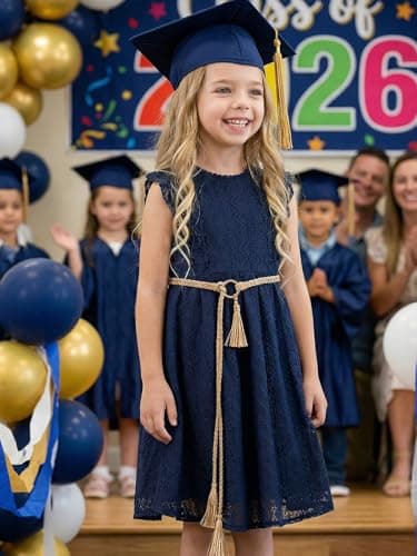 ALLOVIN Toddler and Girls Vintage Boho A-Line Lace Dress with Belt Pom Pom Trim Birthday Party Dress | Navy Blue | 10-11Y - Thumbnail 4