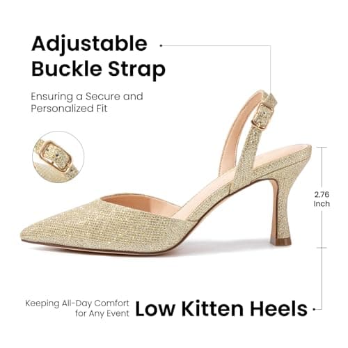 Athlefit Closed Pointed Toe Kitten Heels for Women Dress Work Wedding Party Slingback Stiletto Pumps Shoes Gold, Size 10, SAPU2606W - Thumbnail 4