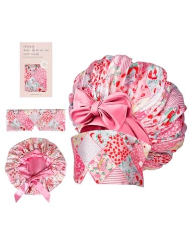 Vettres Double Layer Satin Bonnet for Sleeping with Detachable Eye Mask Adjustable Night Cap for Curly, Natural, Braided Hair Reduces Frizz & Locks in Moisture Pink Strawberry - Thumbnail 2