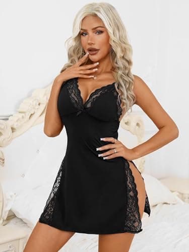 Rigeri Babydoll Lingerie for Women Night Gowns for Adult Women Lingerie Black Nightgowns Lace Babydoll Nightgown Womens Slip Dress Black S - Thumbnail 2