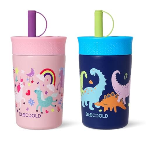 DLOCCOLD 12 oz Insulated Stainless Steel Straw Tumbler, Reusable Sippy Cup With Leak-Proof Spill Resistant Flexible Straw Lid, Cups, Easy to Clean, Water Bottle, Great for Travel, Home (2 Pack) - Image 1