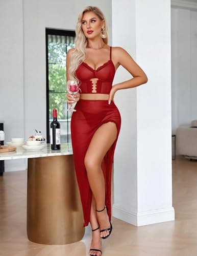 Avidlove Lingerie for Women 3 Pieces Set - Lace Long Nightgown with Side Split, Sexy Chemise for Bridal & Valentine's Day Wine Red - Thumbnail 6