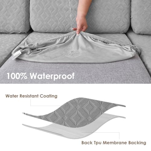 Genina Couch Cushion Covers Waterproof, Stretch Sectional Couch Covers, Sofa Cushion Cover Washable, Non Slip Magic Sofa Cover with Elastic Bottom and Straps, Pet-Friendly (2 Seater + 1 Chaise) - Thumbnail 2