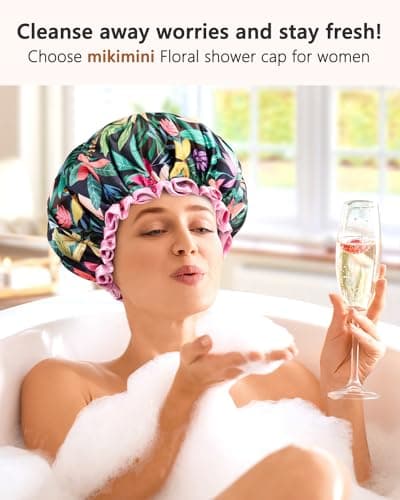 mikimini Large Shower Cap for Women Long Hair, Rainforest Bath Shower Caps with Pink Lace, Reusable Waterproof Shower Hat for Girls - Thumbnail 6