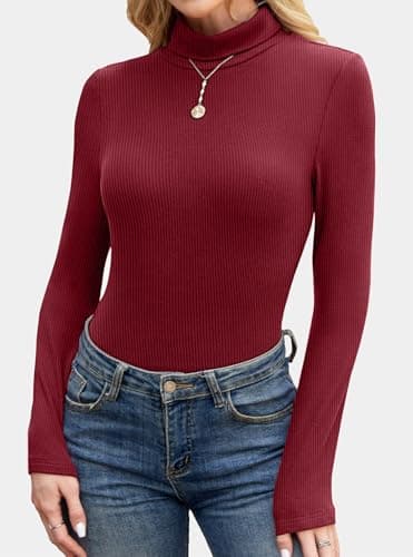 GKBK Women's Turtleneck Sweaters Fitted Long Sleeve Ribbed Shirts Lightweight Thermal Underwear Warm Layering Tops Fall Outfits 2025 Trendy Wine Red - Thumbnail 3