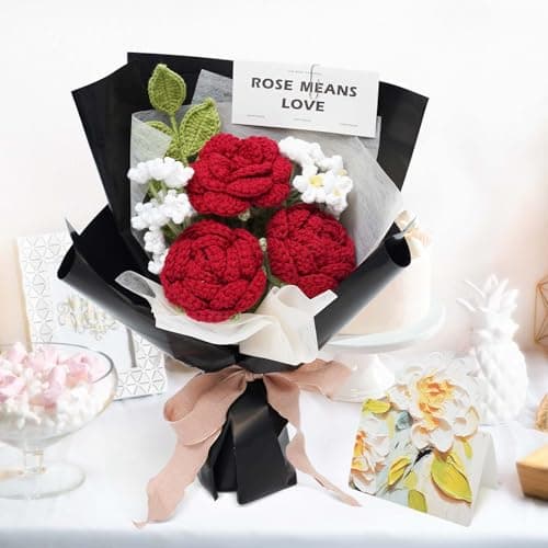 Crochet Flower Bouquet Handmade Red Roses Artificial Flowers with Card Unique Mothers Day Graduation Birthday Gifts for Women Mom Girlfriend Wife Eternal Flores Knitting Decorations Home Decor - Thumbnail 2