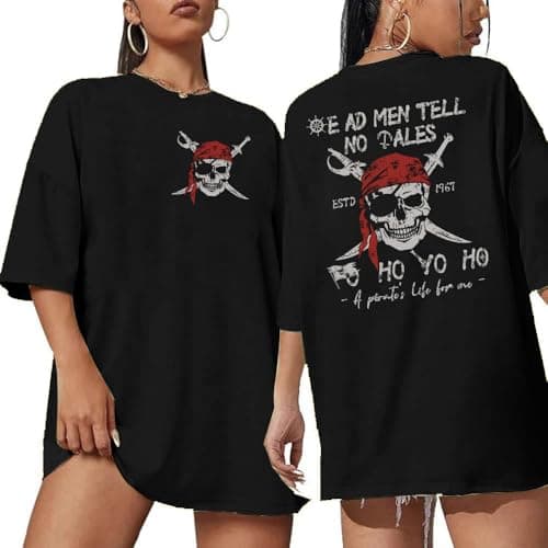 Pirate Shirt Women Vintage Graphic Oversized Skeleton Shirt Funny Casual Skull Short Sleeve Top - Image 1